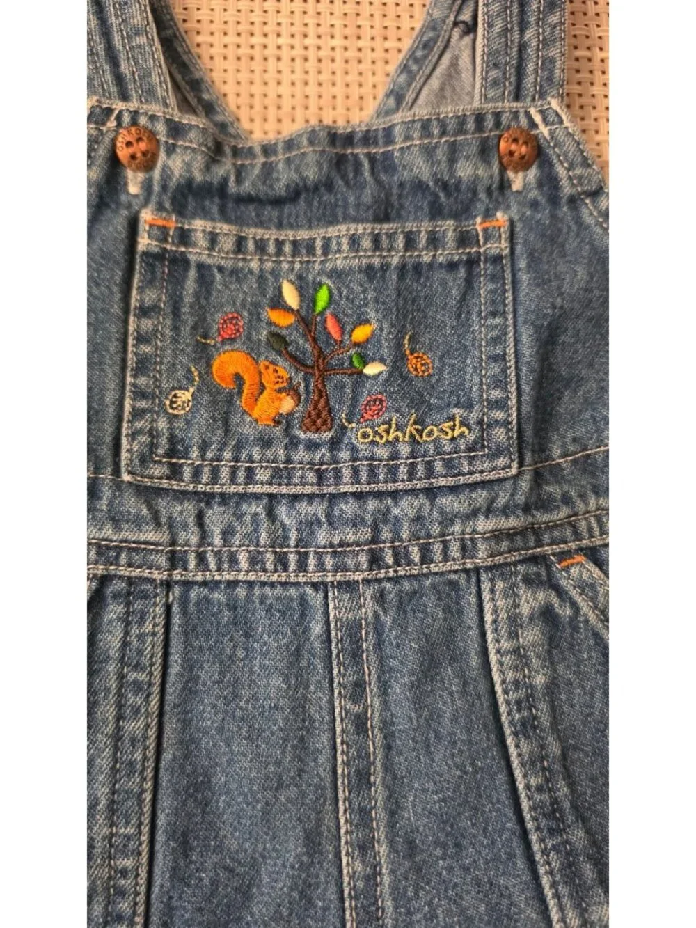 VINTAGE BABY OSH KOSH DENIM OVERALLS SQUIRREL TREE  3-6 MOS 12 16 LBS OSHKOSH